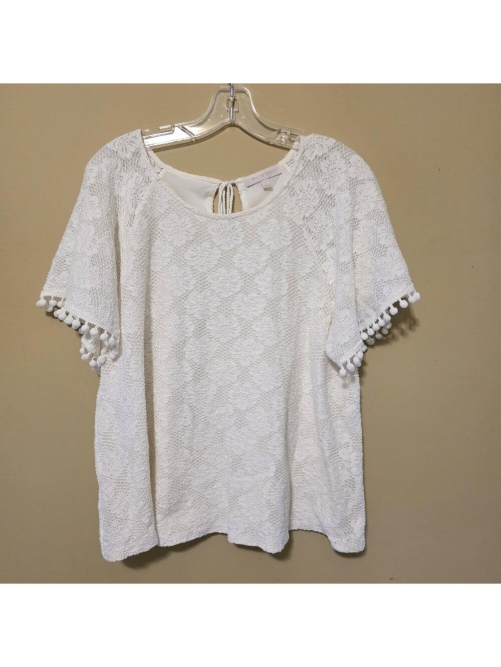 Eri Ali Top Womens Large White Lace Crochet Pom Pom Sleeve Cottage Boho Lined